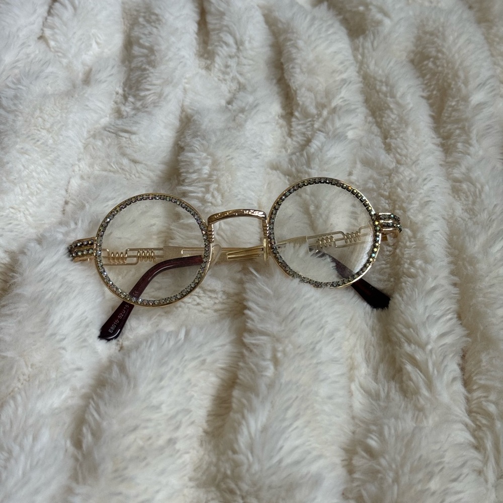 Gold Round Glasses with Rhinestone Accents